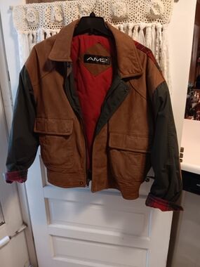 Brown Leather Field Jacket with Olive Sleeves